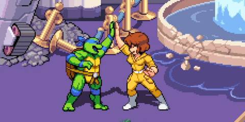 April high-fiving Leonardo in Shredder's Revenge