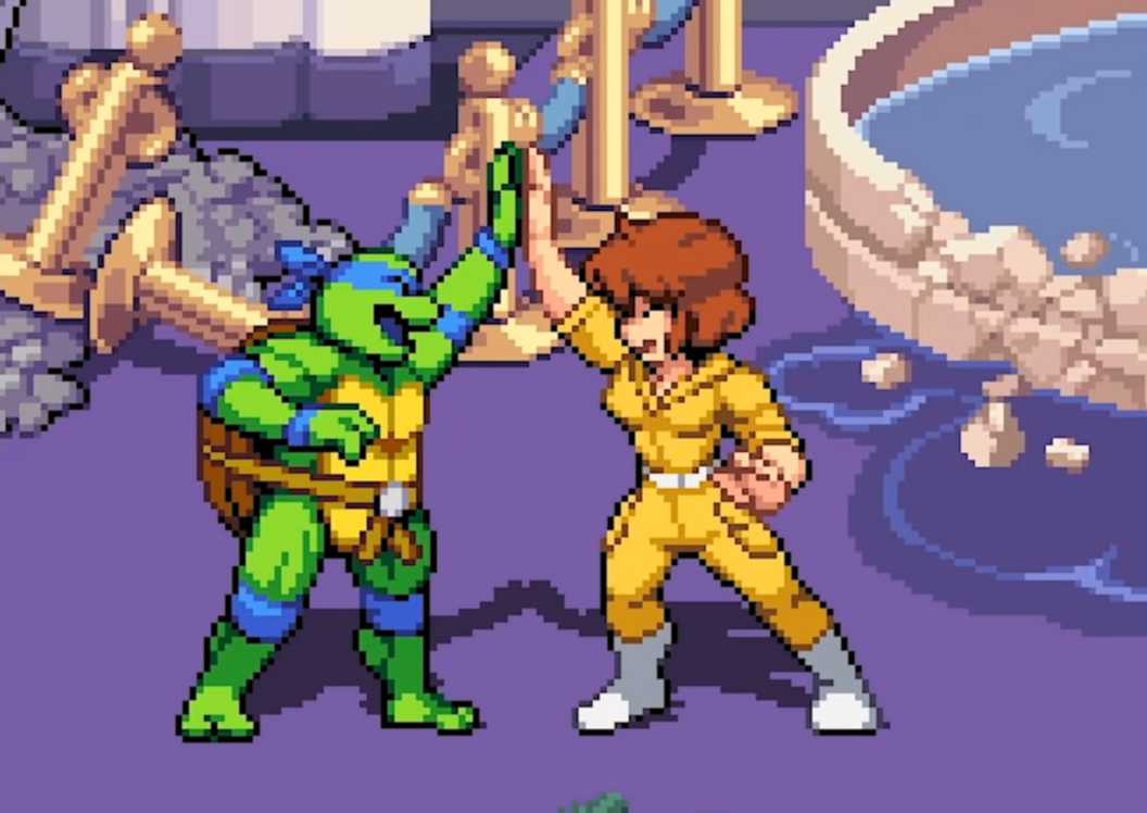 April high-fiving Leonardo in Shredder's Revenge