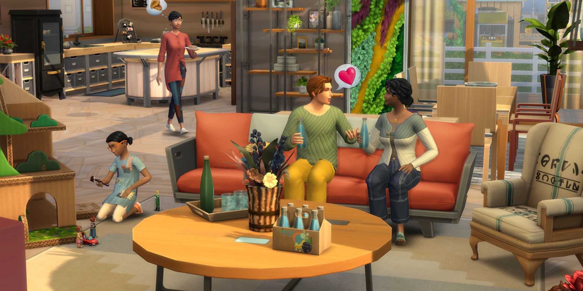 Sims socializing in a house in The Sims 4