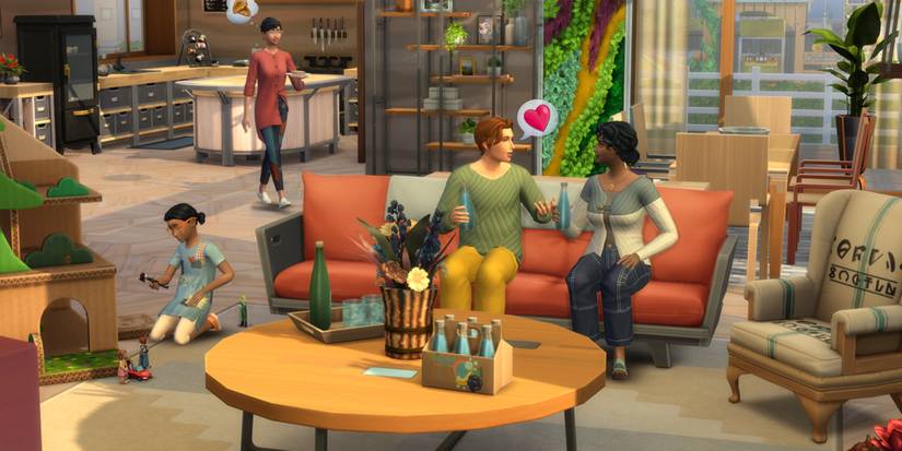 Sims socializing in a house in The Sims 4