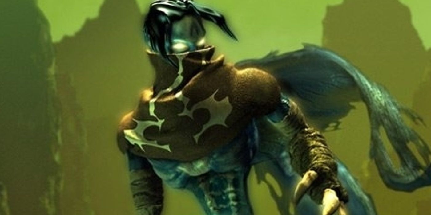 raziel from legacy of kain standing in front of a mountain background