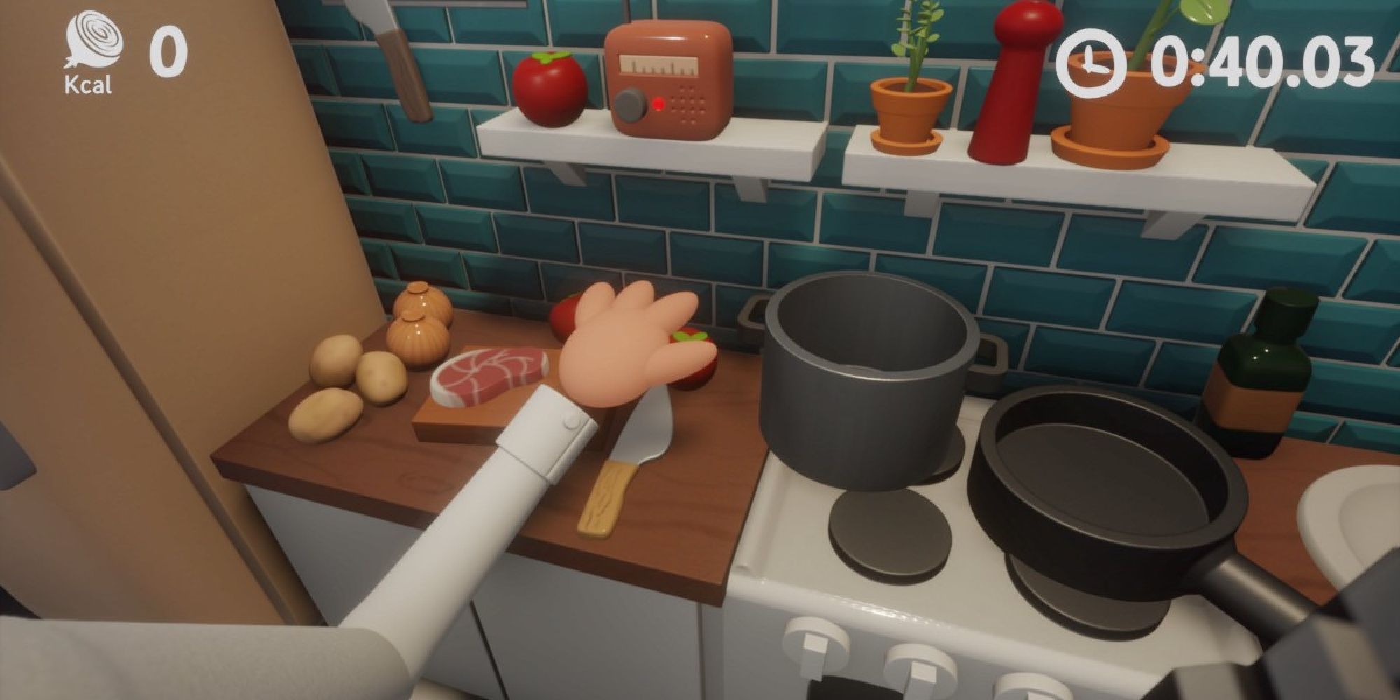 Screenshot of a cartoonish game as a chef is in the midst of cooking.