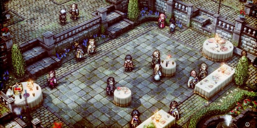 Triangle Strategy player character in town surrounded by NPCs