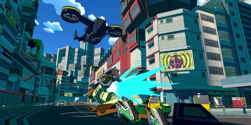 Bomb Rush Cyberfunk player character runs from enemy drone in New Amsterdam, blue skies above