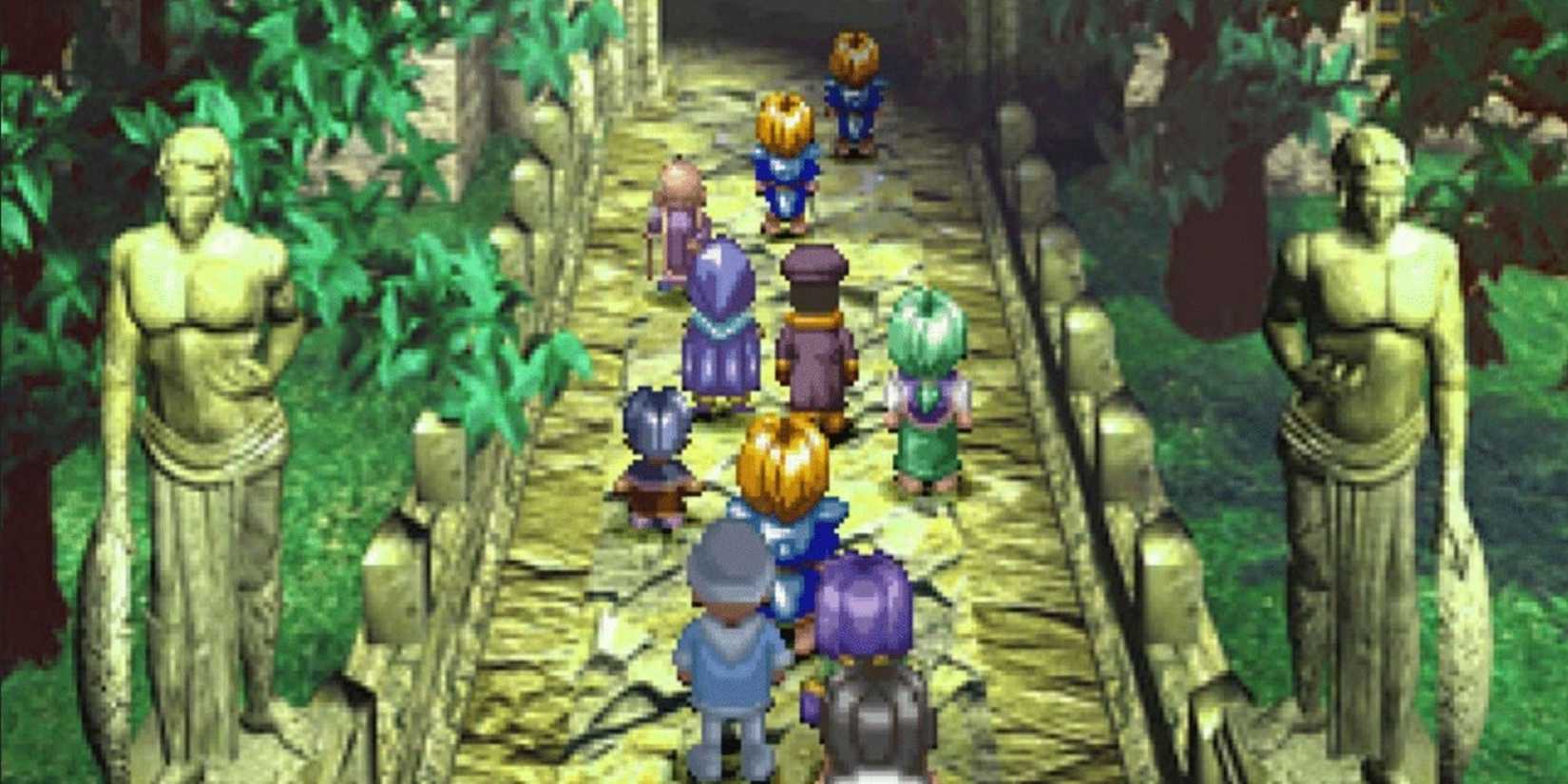 Claude and the assembled group walking on a path