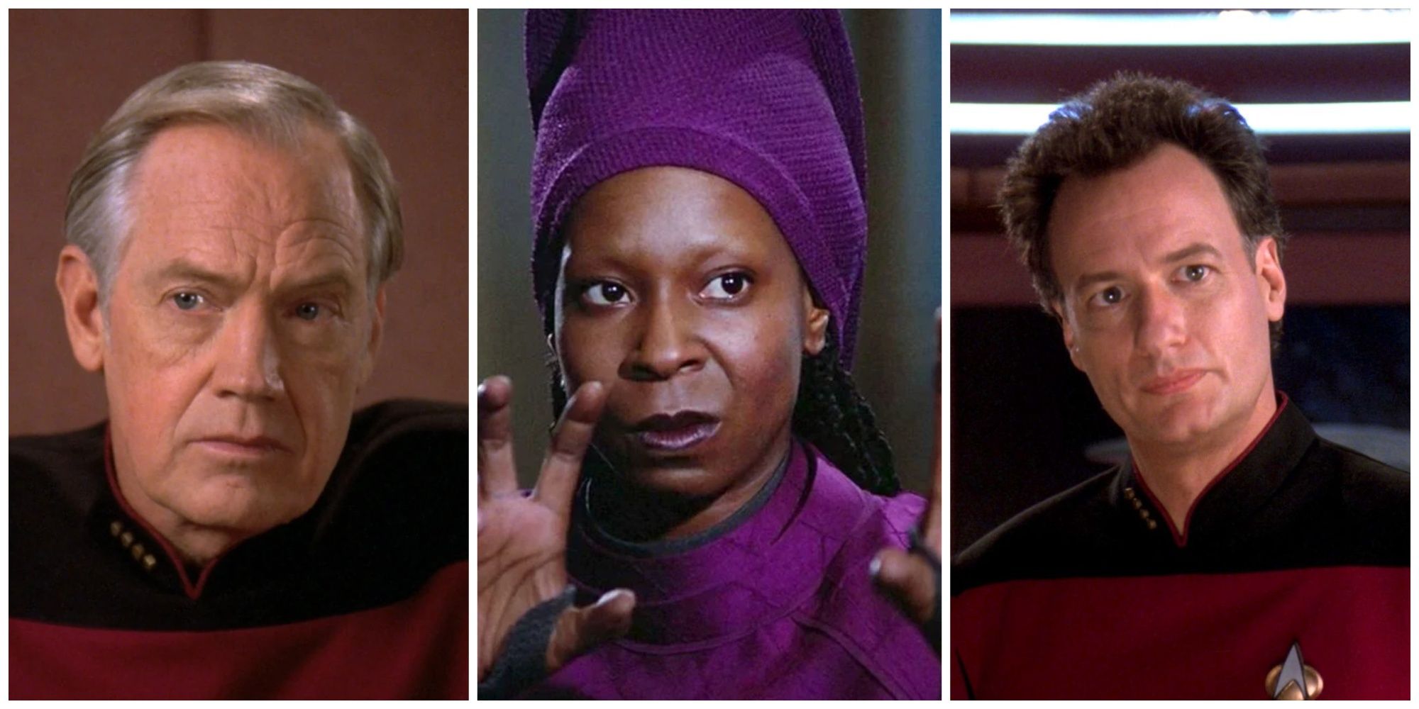 A collage showing Captain Jellico, Guinan, and Q.