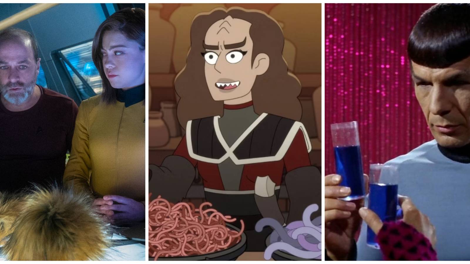 A collage of alien cuisine in Star Trek, featuring Tribbles, worms, and blue ale. 
