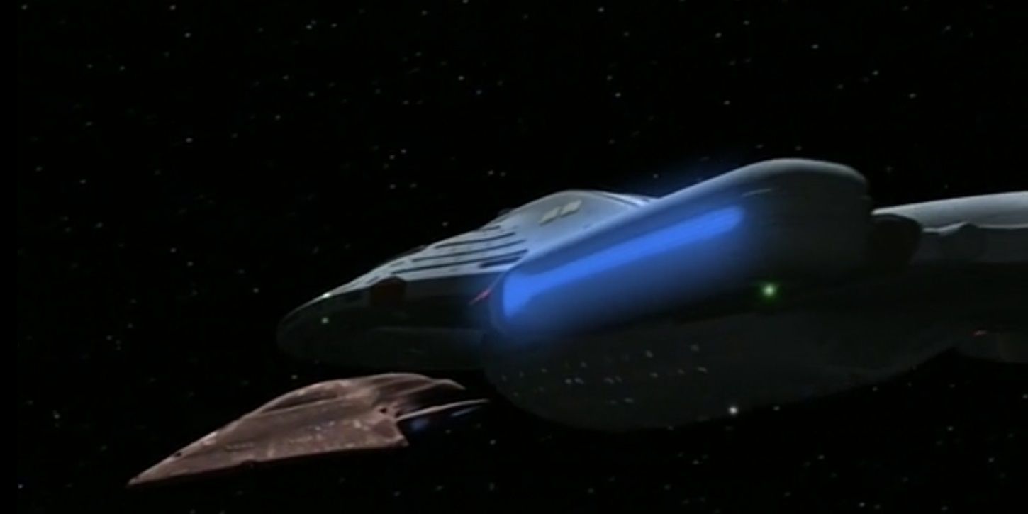 The USS Voyager approaches the false USS Dauntless in Star Trek