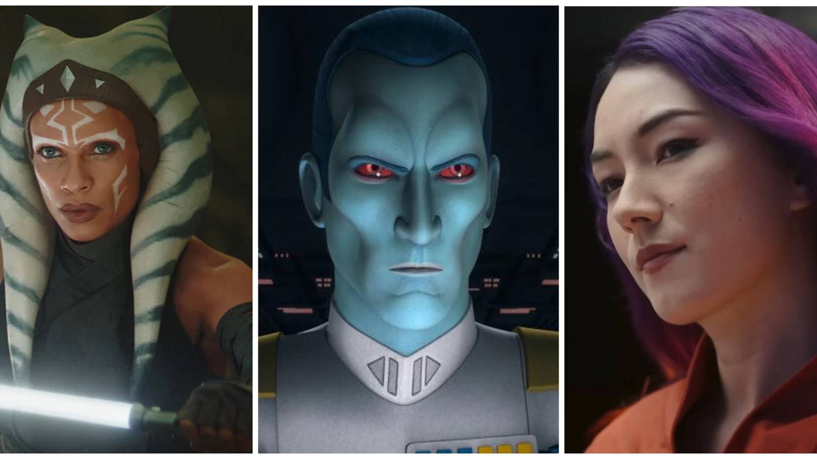 A collage showing Ahsoka Tano, Thrawn, and Sabine Wren.