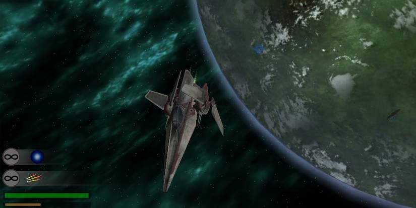 A V-wing flies through space in Star Wars: Battlefront 2.