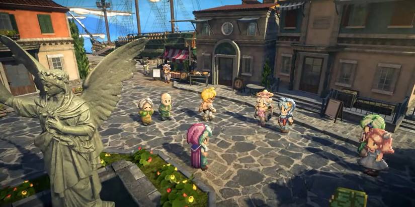 2D characters gathered in a 3D town square in Star Ocean
