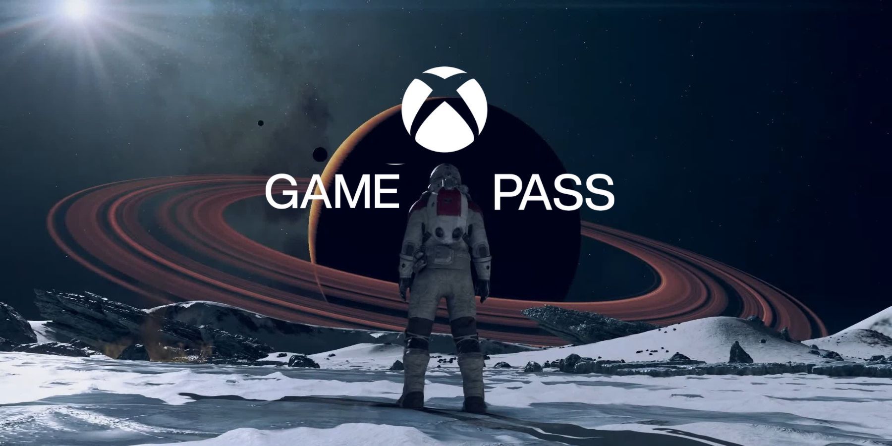 image showing starfield's main character next to the xbox game pass logo.