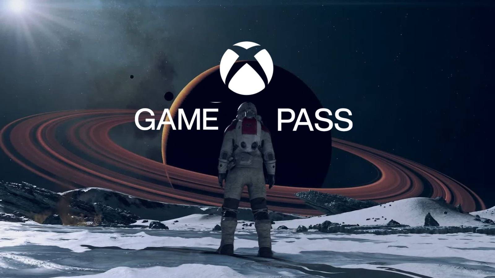 image showing starfield's main character next to the xbox game pass logo.