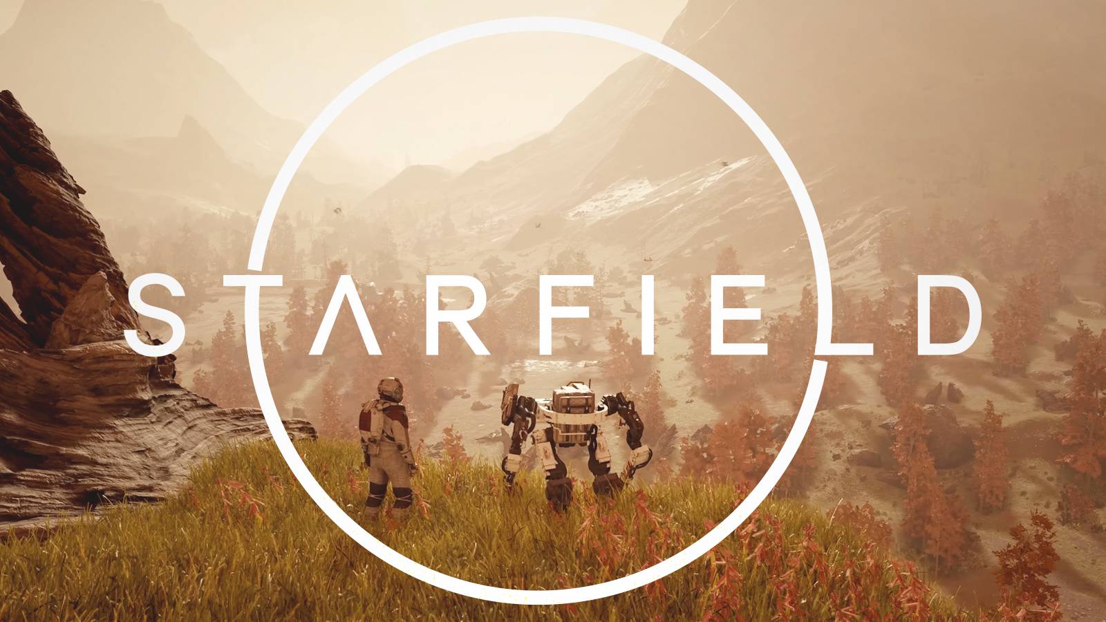 Starfield gameplay deep dive screenshot landscape exploration with Vasco and game logo