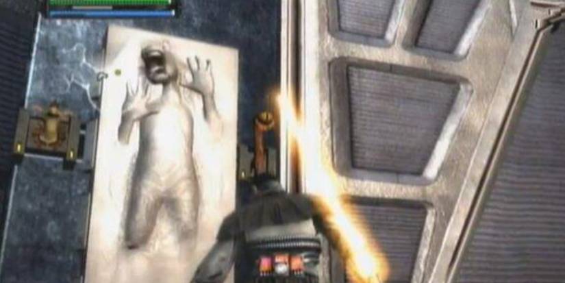 starkiller looking at jar jar binks in carbonite