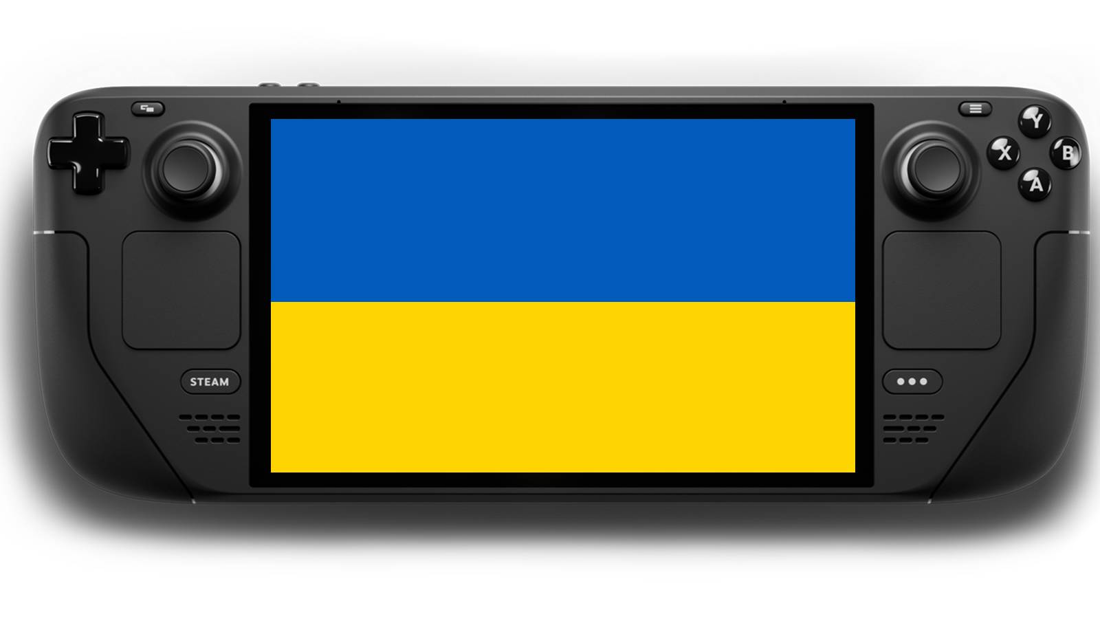 Steam Deck displaying the flag of Ukraine on white background
