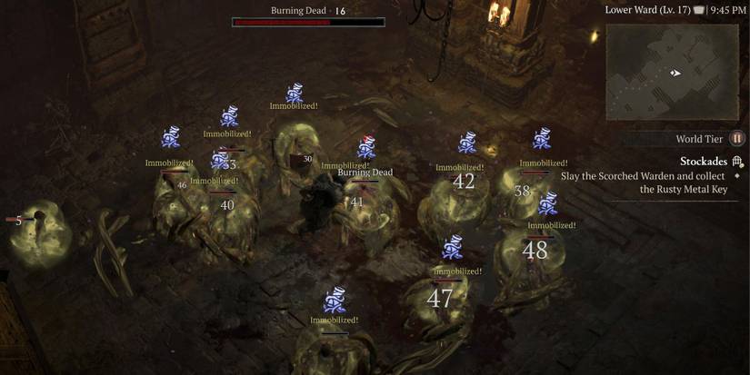 A player attacking enemies in the Stockades dungeon in Diablo 4