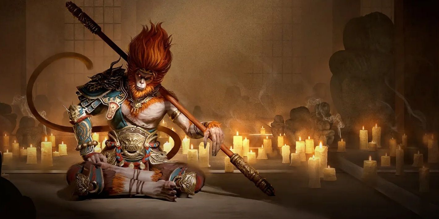 Skinwalkers Champion Sun Wukong sits with staff over his shoulder surrounded by lit candles.