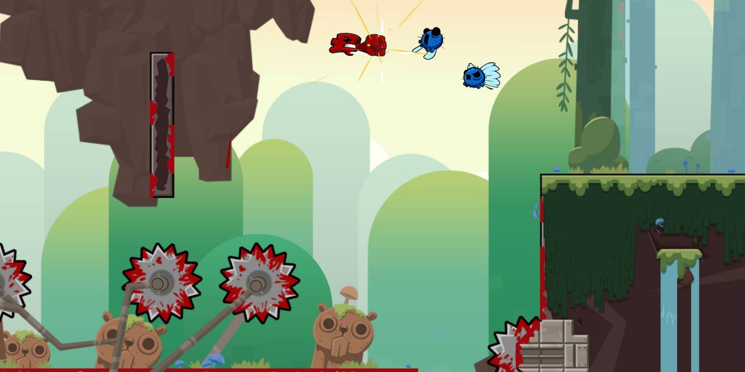 Super Meat Boy clobbering an enemy while in mid-air