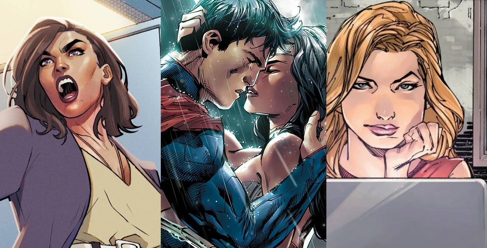 Superman Love Interests: Lois Lane (left), Wonder Woman w/Superman (center), and Cat Grant (right)