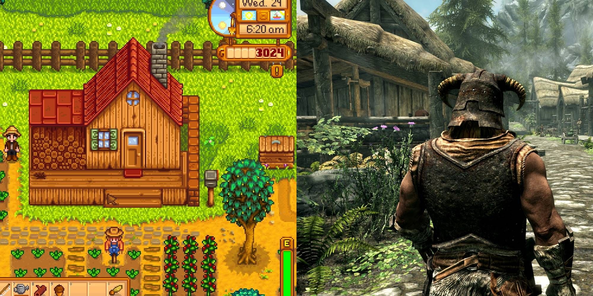 Two men standing in front of house in Stardew Valley, and a nord man in horned helmet walking in Skyrim. 