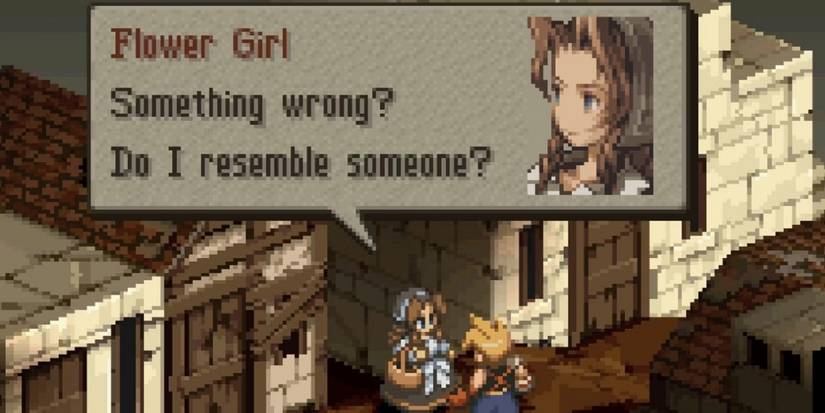 cloud strife from ff7 talking to a flower girl in final fantasy tactics