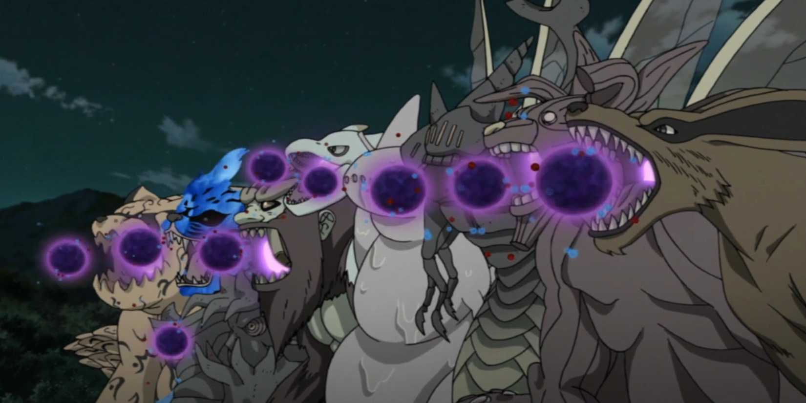The Nine Tailed Beasts prepare to shoot their Tailed Beast Balls at the Gedo Statue in Naruto: Shippuden.