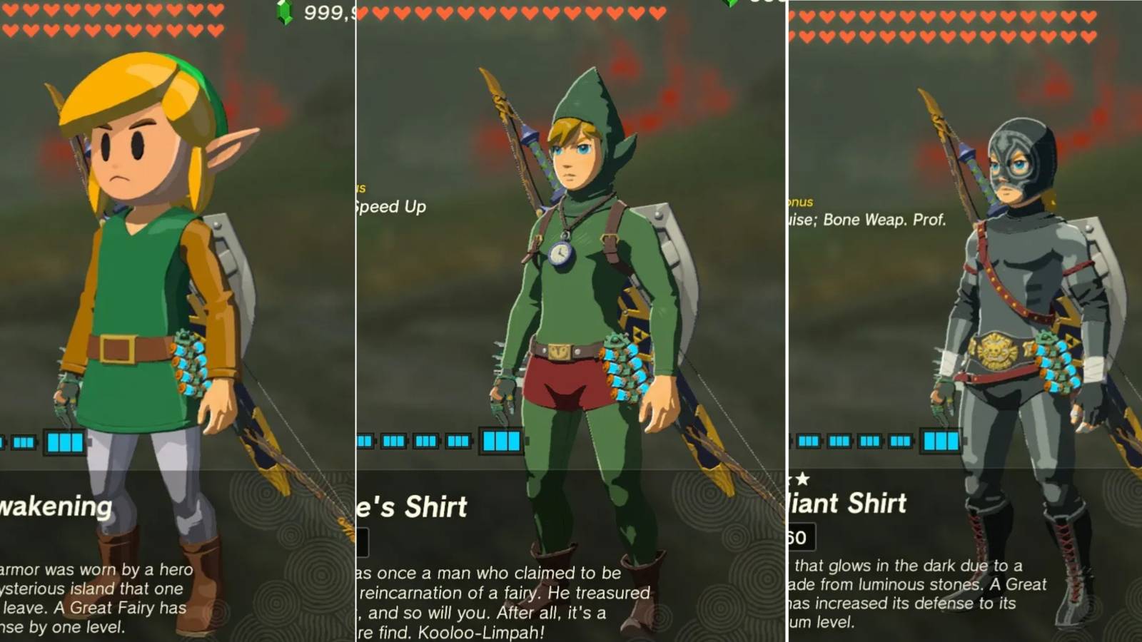 Armor of Awakening, Tingle Armor, and Radiant Armor from Tears of the Kingdom