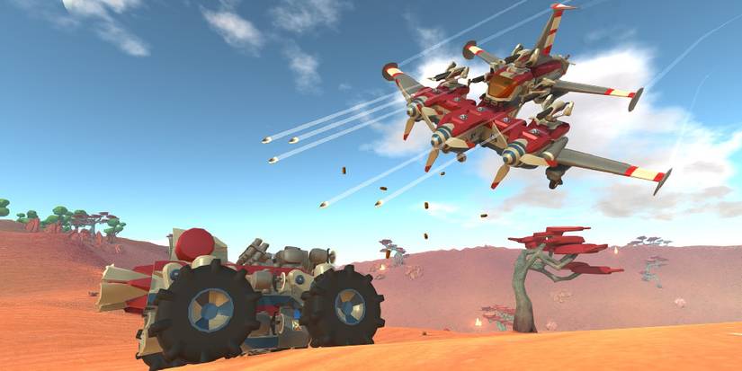 An air vehicle dive-bombing at a land vehicle in a desert landscape. Image source: Steam.