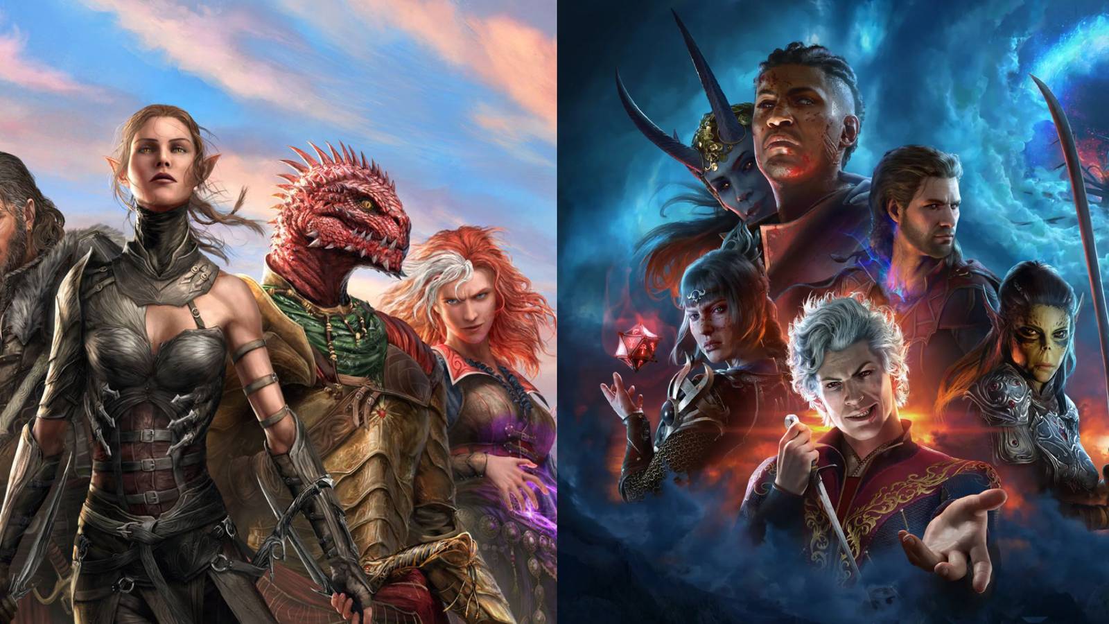 Split image featuring companuins of DoS2 and BG3