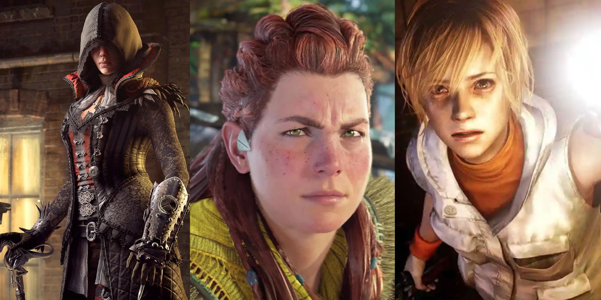 Split image featuring Evie Frye, Aloy and Cheryl Mason. 