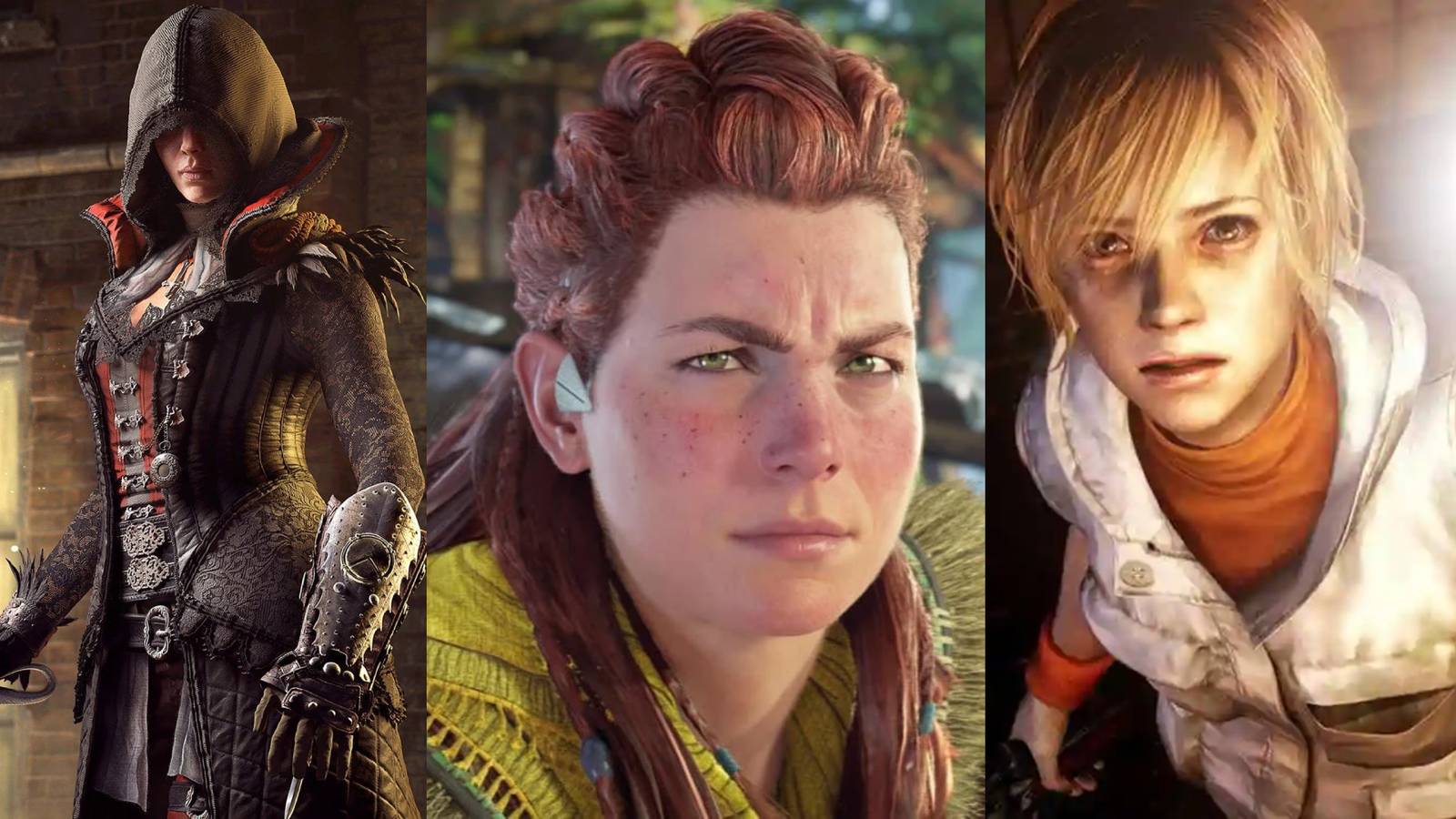 Split image featuring Evie Frye, Aloy and Cheryl Mason. 