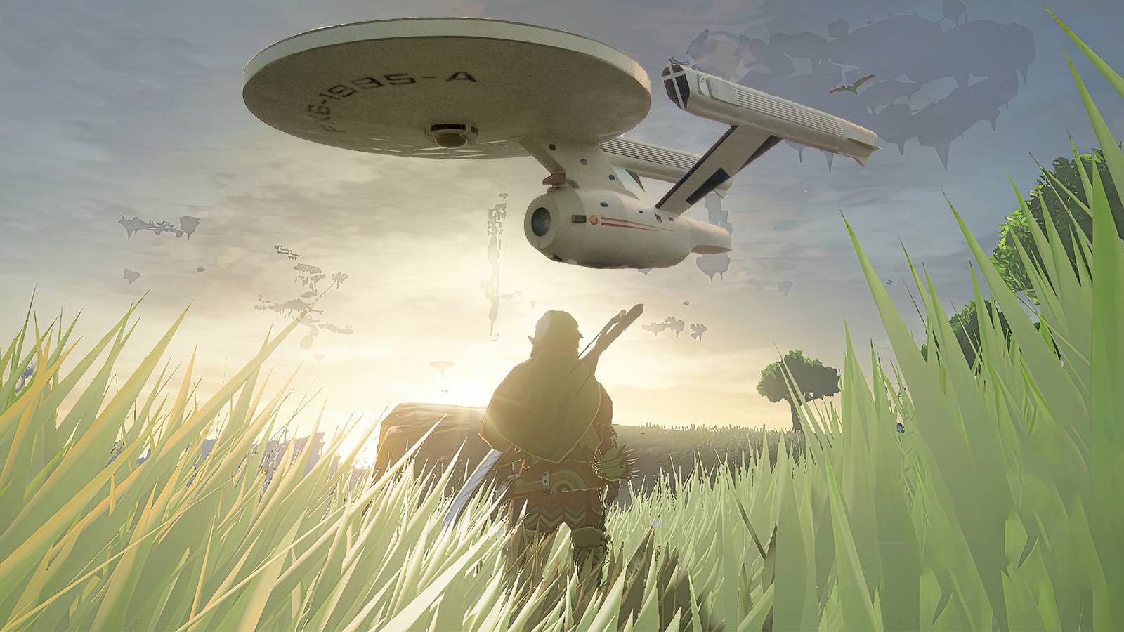 The Legend of Zelda Tears of the Kingdom TOTK Link below Star Trek USS Enterprise composite