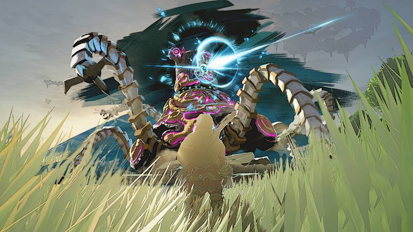 The Legend of Zelda Tears of the Kingdom TOTK Link standing in front of Guardian Stalker composite