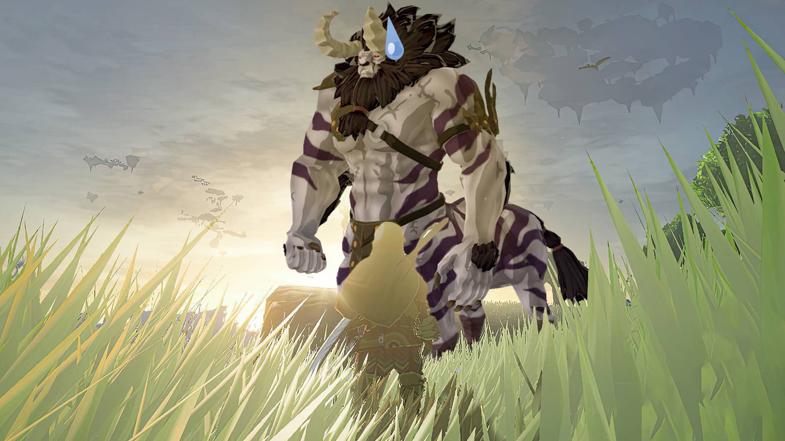The Legend of Zelda Tears of the Kingdom TOTK Link standing in front of Silver Lynel composite