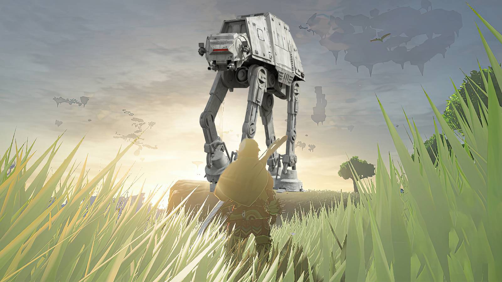 The Legend of Zelda Tears of the Kingdom TOTK Link standing in front of Star Wars AT-AT composite