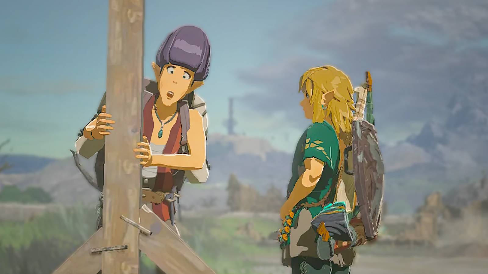 The Legend of Zelda Tears of the Kingdom TOTK Link standing next to Addison holding a sign upscaled close-up