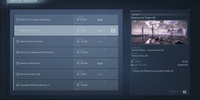 The mission menu in Armored Core 6 Fires of Rubicon