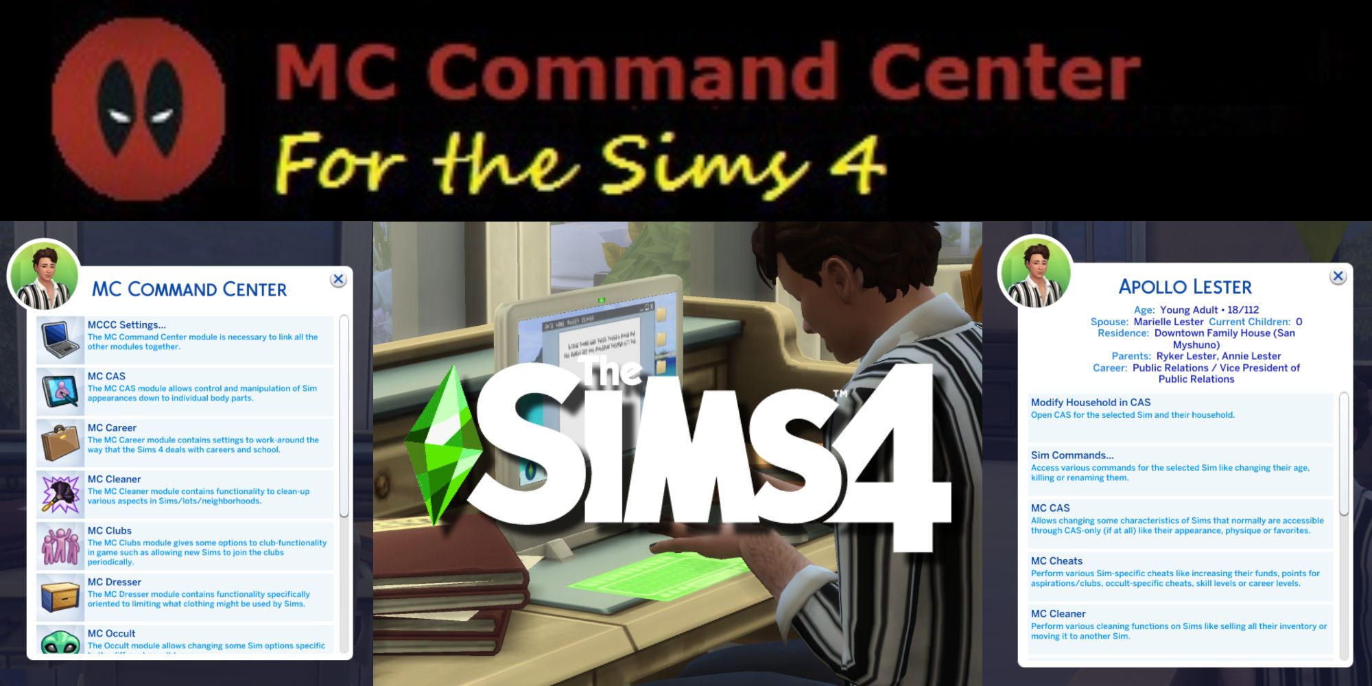 A Sim is on the computer exploring the options available with the MC Command Center mod