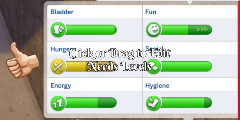 A close-up of the needs panel in The Sims 4