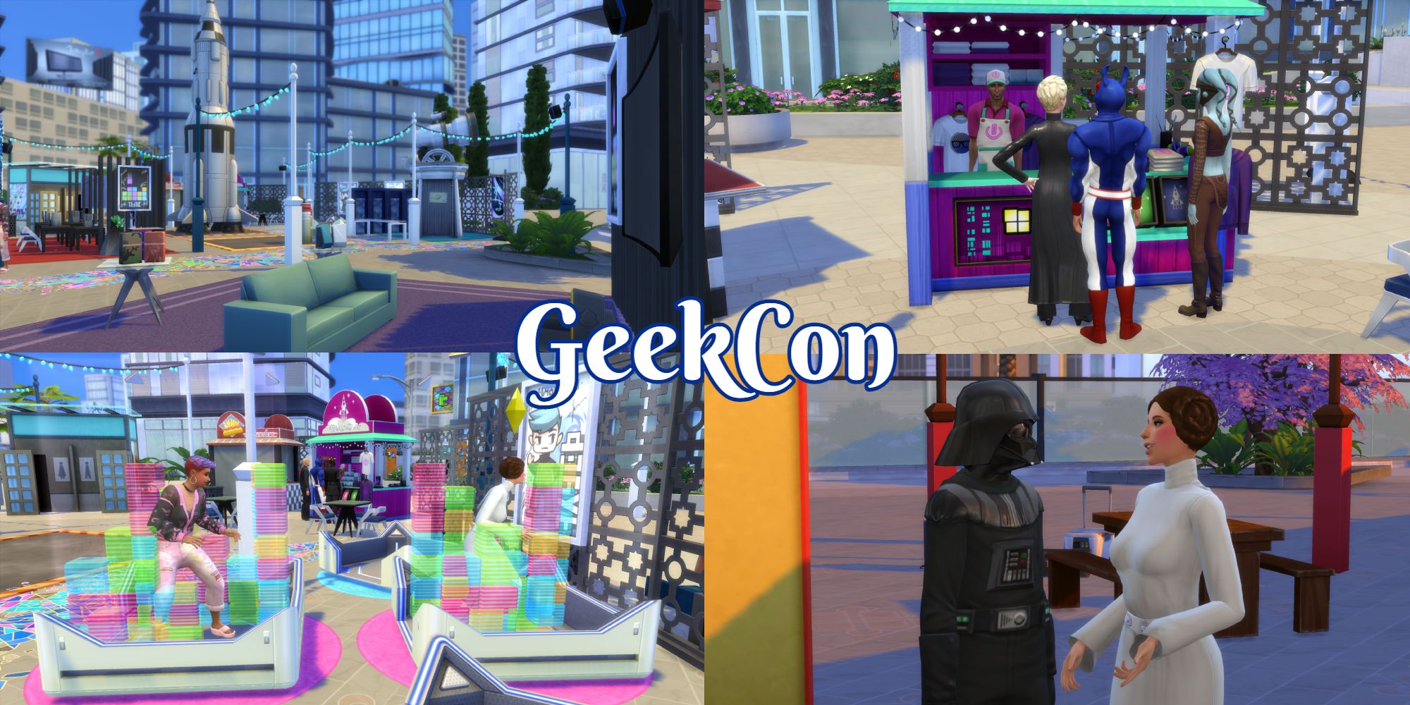 A Sim dressed in cosplay plays games at GeekCon in The Sims 4