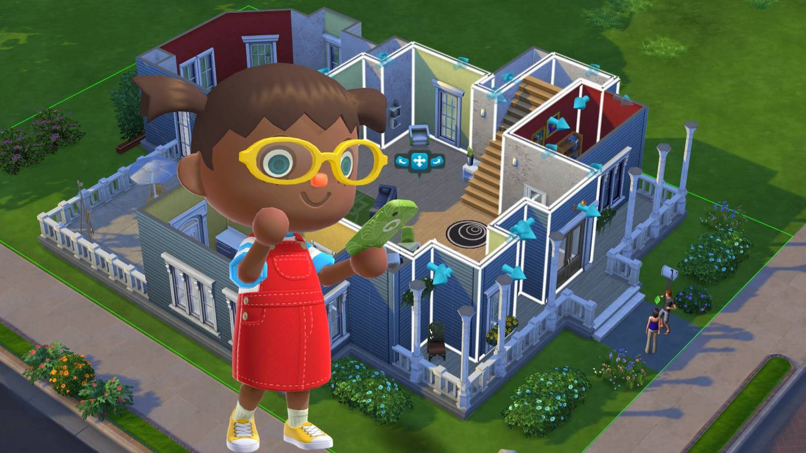 A Villager from Animal Crossing with a house being built in The Sims 4