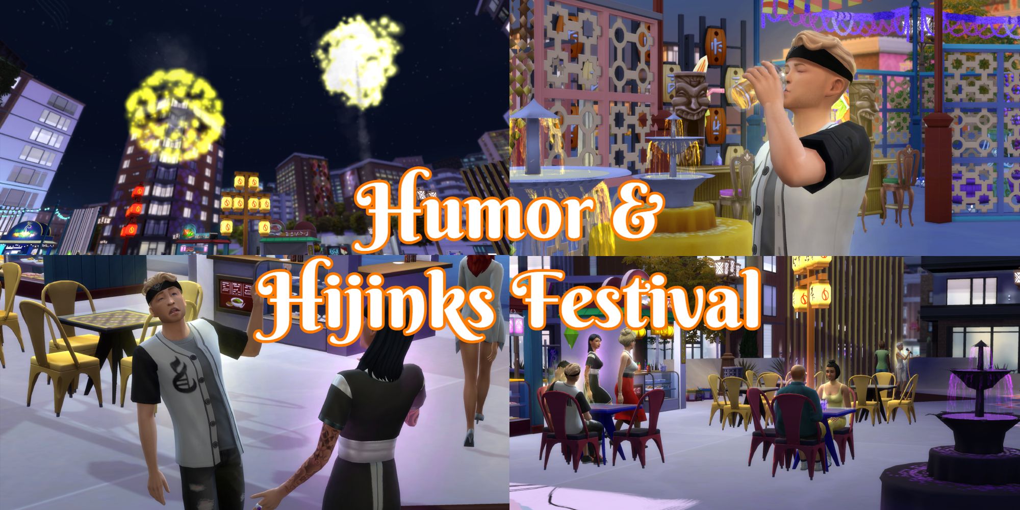 A Sim tells jokes and drinks tea at the Humor & Hijinks Festival in The Sims 4