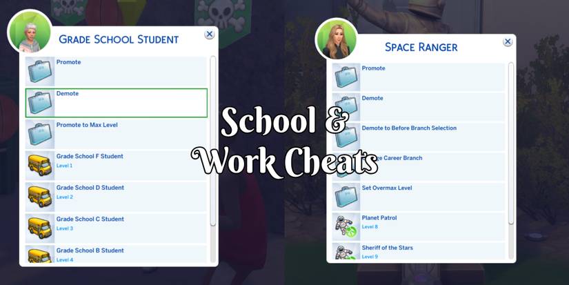 A side-by-side look on menus to cheat school and work levels with UI Cheats Extensions