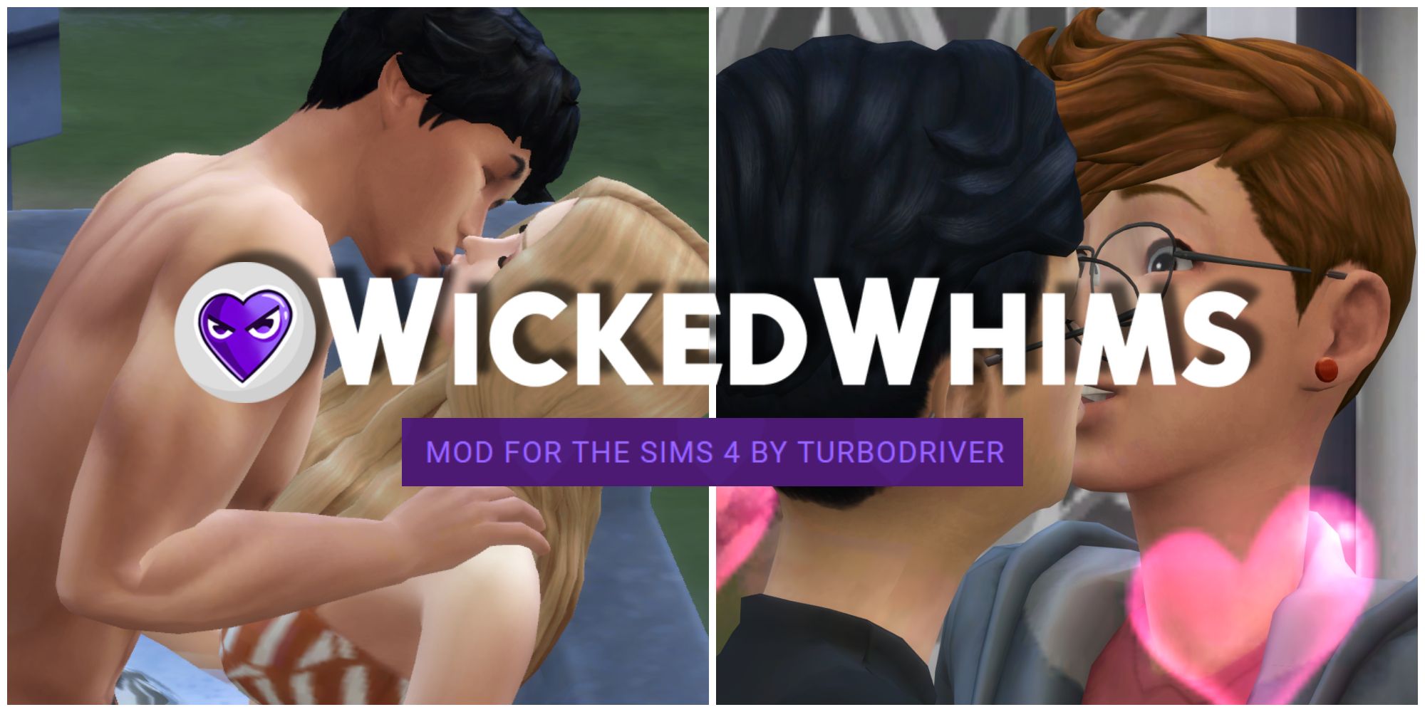 Two Sims couples are kissing behind the logo for the Wicked Whims mod