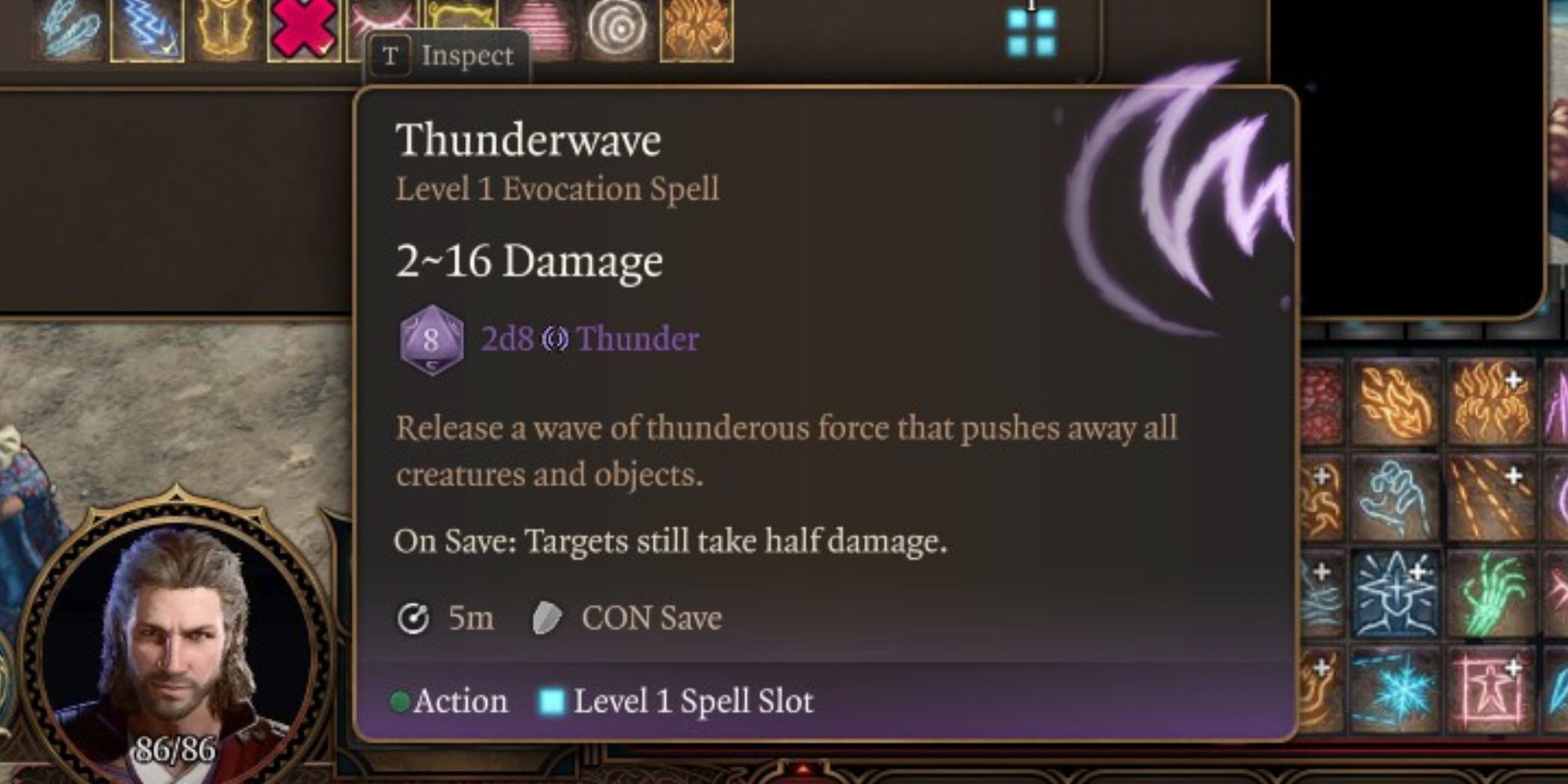 Thunderwave spell in inventory screen in Baldur's Gate 3