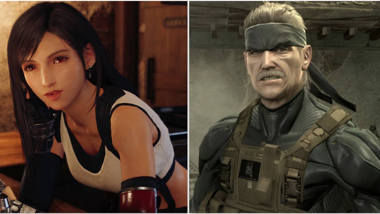 Tifa in Final Fantasy 7 Remake and Solid Snake in Metal Gear Solid 4