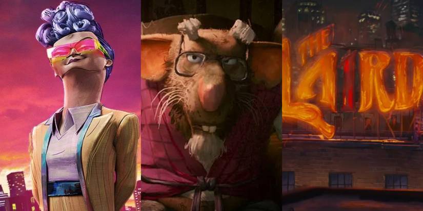 A split image features Cynthia Utrom, Splinter, and the Laird building in Teenage Mutant Ninja Turtles: Mutant Mayhem