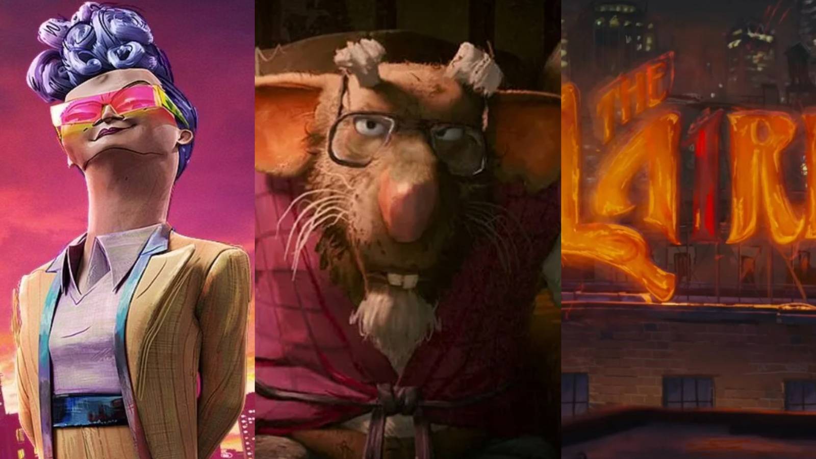 A split image features Cynthia Utrom, Splinter, and the Laird building in Teenage Mutant Ninja Turtles: Mutant Mayhem