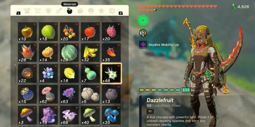 Link from Tears of the Kingdom stood beside his inventory, which is showing a dazzlefruit